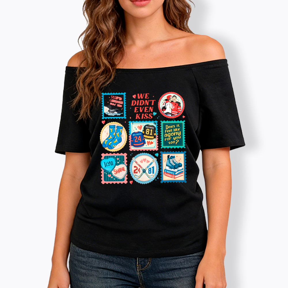 We Didn’t Even Kiss Hockey Romance Stamps Off Shoulder T-Shirt