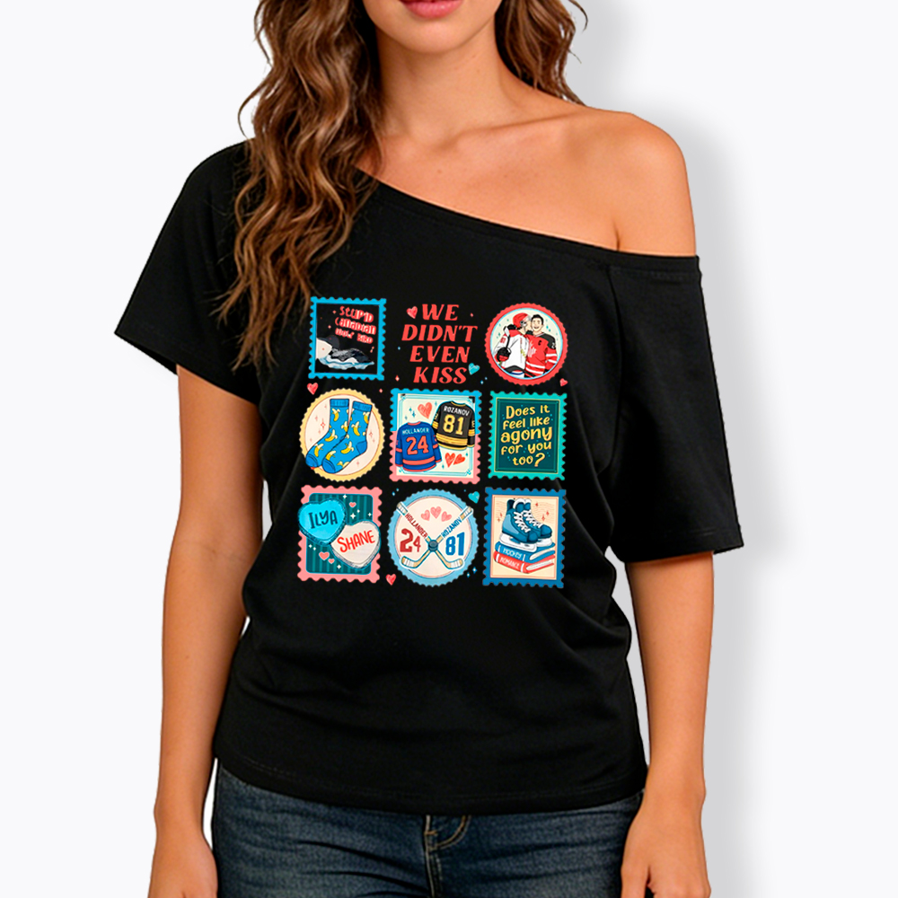 We Didn’t Even Kiss Hockey Romance Stamps Off Shoulder T-Shirt