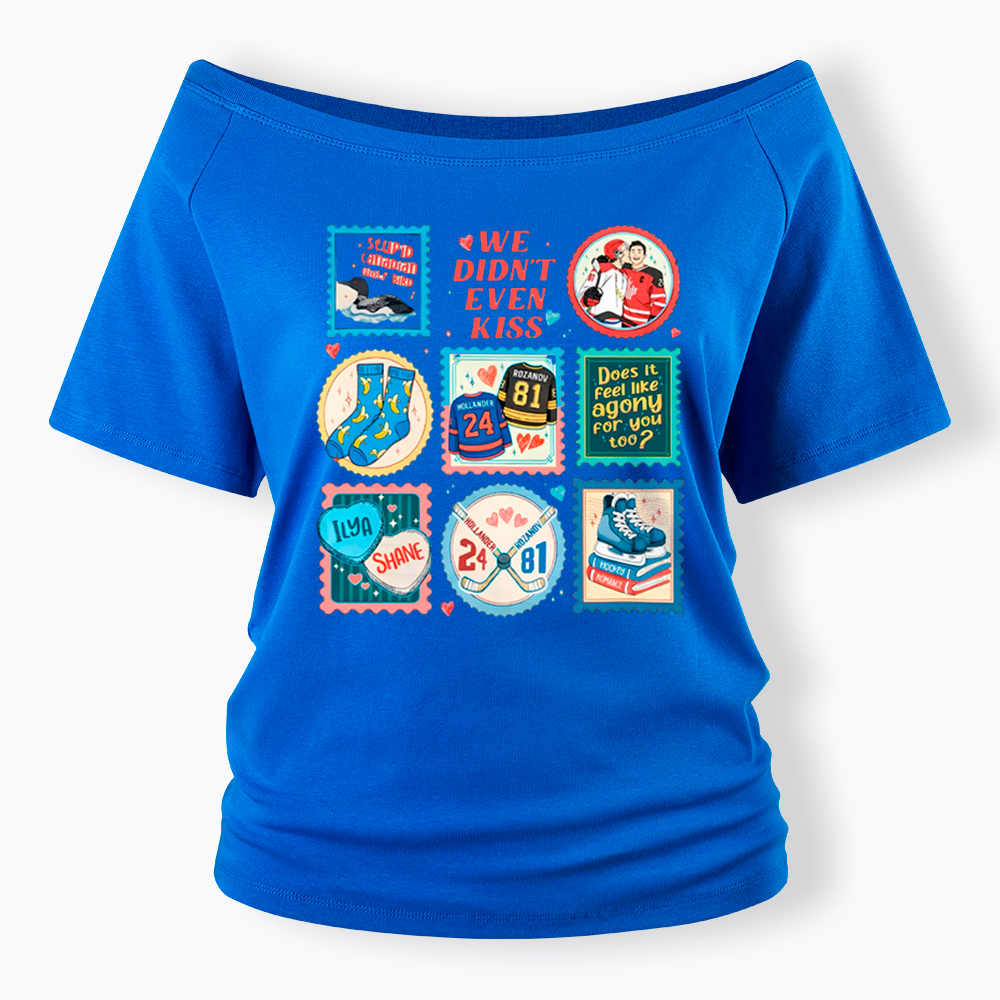 We Didn’t Even Kiss Hockey Romance Stamps Off Shoulder T-Shirt