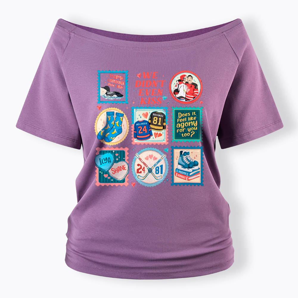 We Didn’t Even Kiss Hockey Romance Stamps Off Shoulder T-Shirt