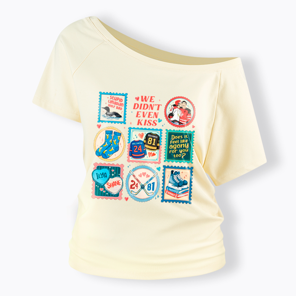 We Didn’t Even Kiss Hockey Romance Stamps Off Shoulder T-Shirt