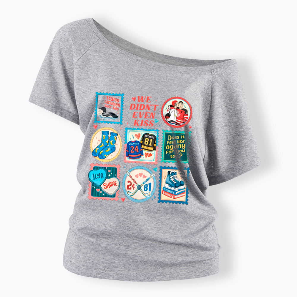 We Didn’t Even Kiss Hockey Romance Stamps Off Shoulder T-Shirt