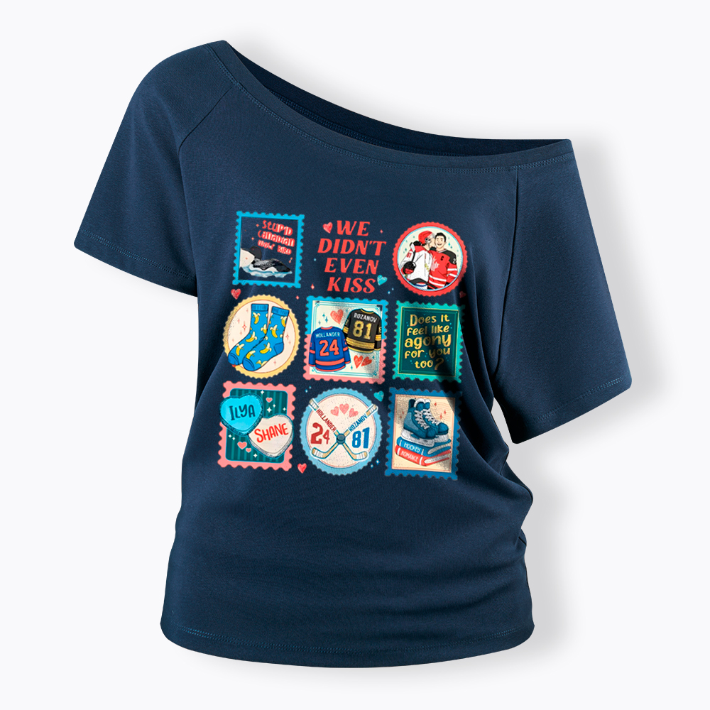 We Didn’t Even Kiss Hockey Romance Stamps Off Shoulder T-Shirt
