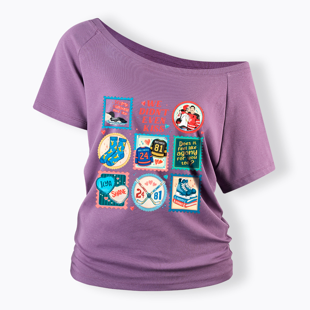 We Didn’t Even Kiss Hockey Romance Stamps Off Shoulder T-Shirt