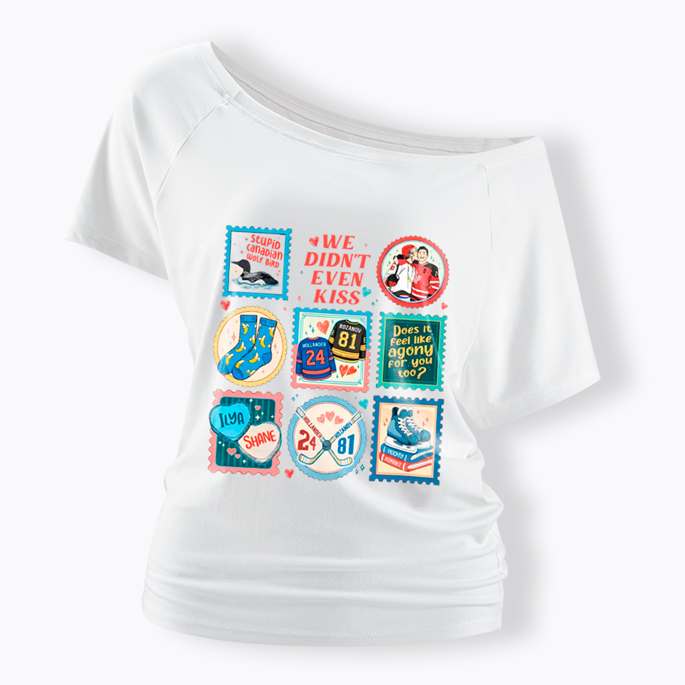 We Didn’t Even Kiss Hockey Romance Stamps Off Shoulder T-Shirt