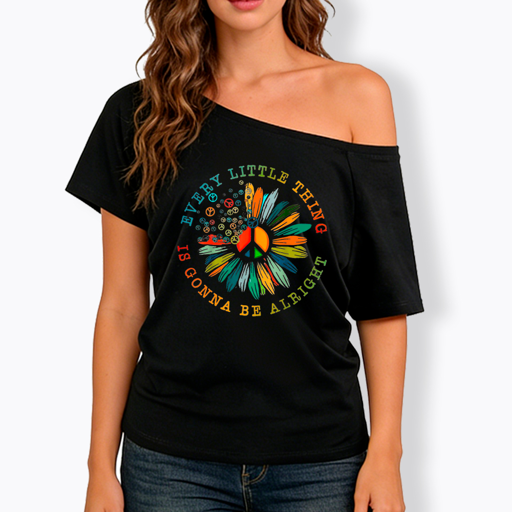 Peace Sign Hippie Daisy Off Shoulder T-Shirt