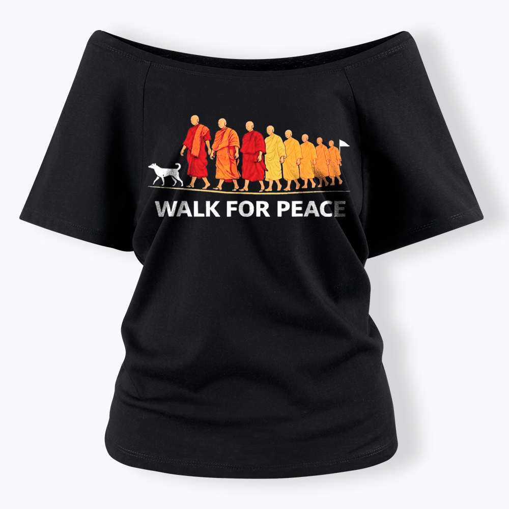 Walk For Peace Monks and Dog Off Shoulder T-Shirt