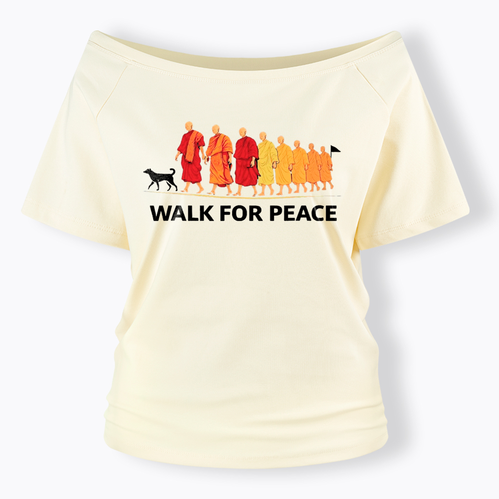 Walk For Peace Monks and Dog Off Shoulder T-Shirt