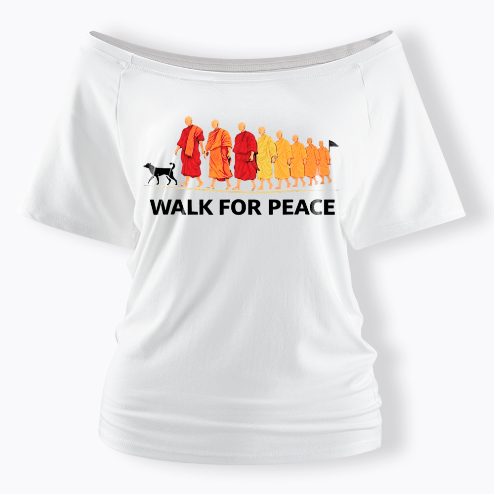 Walk For Peace Monks and Dog Off Shoulder T-Shirt