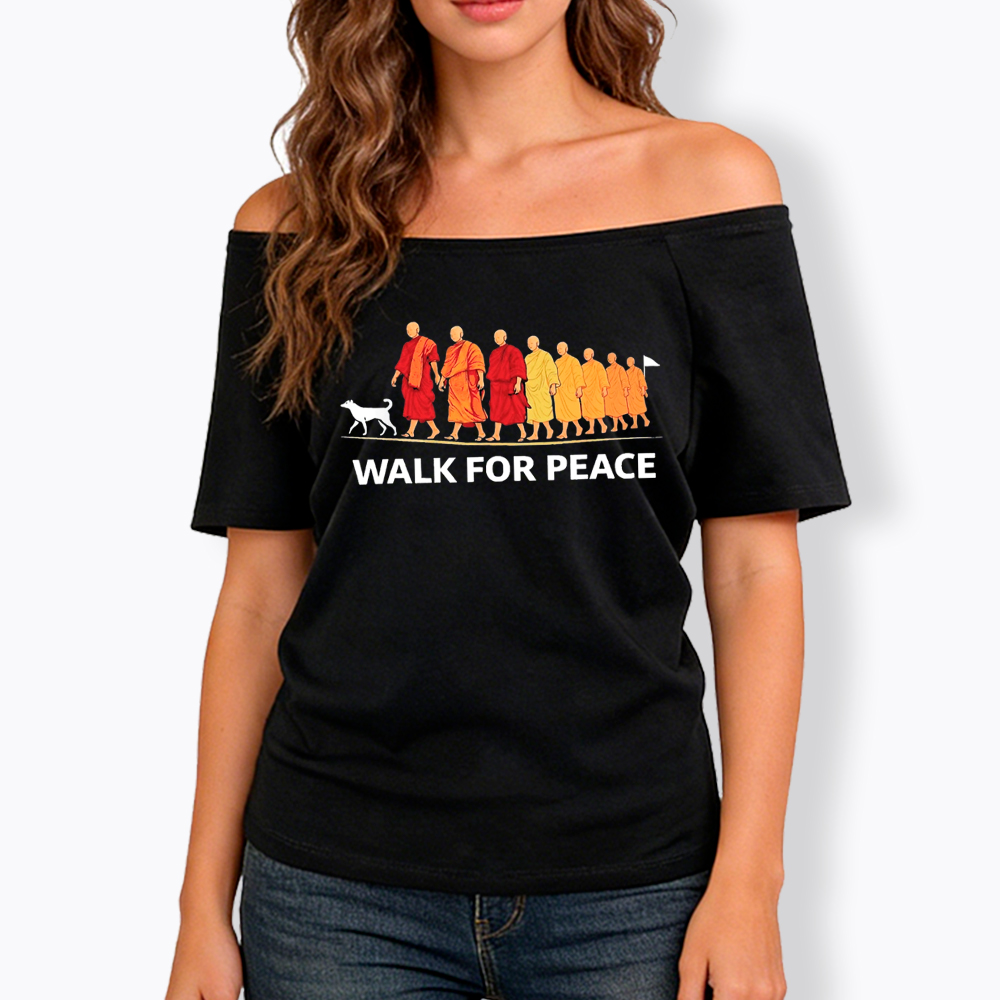 Walk For Peace Monks and Dog Off Shoulder T-Shirt