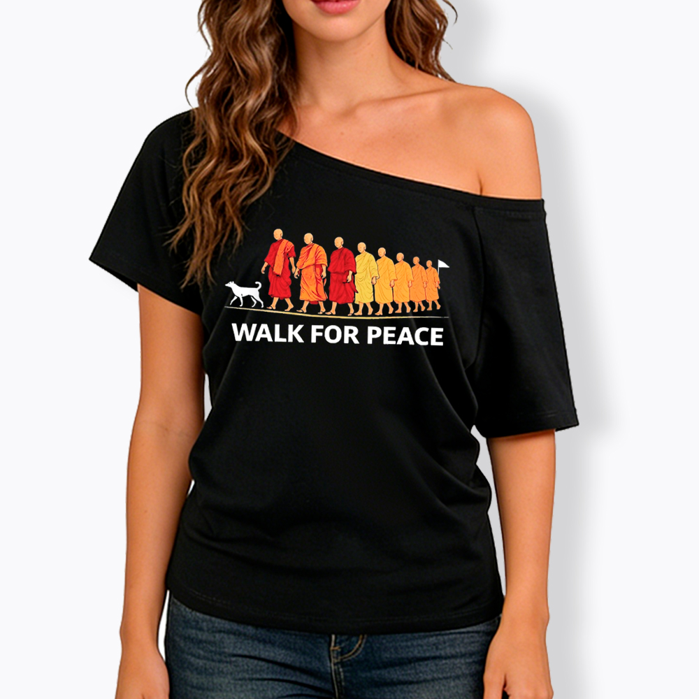 Walk For Peace Monks and Dog Off Shoulder T-Shirt