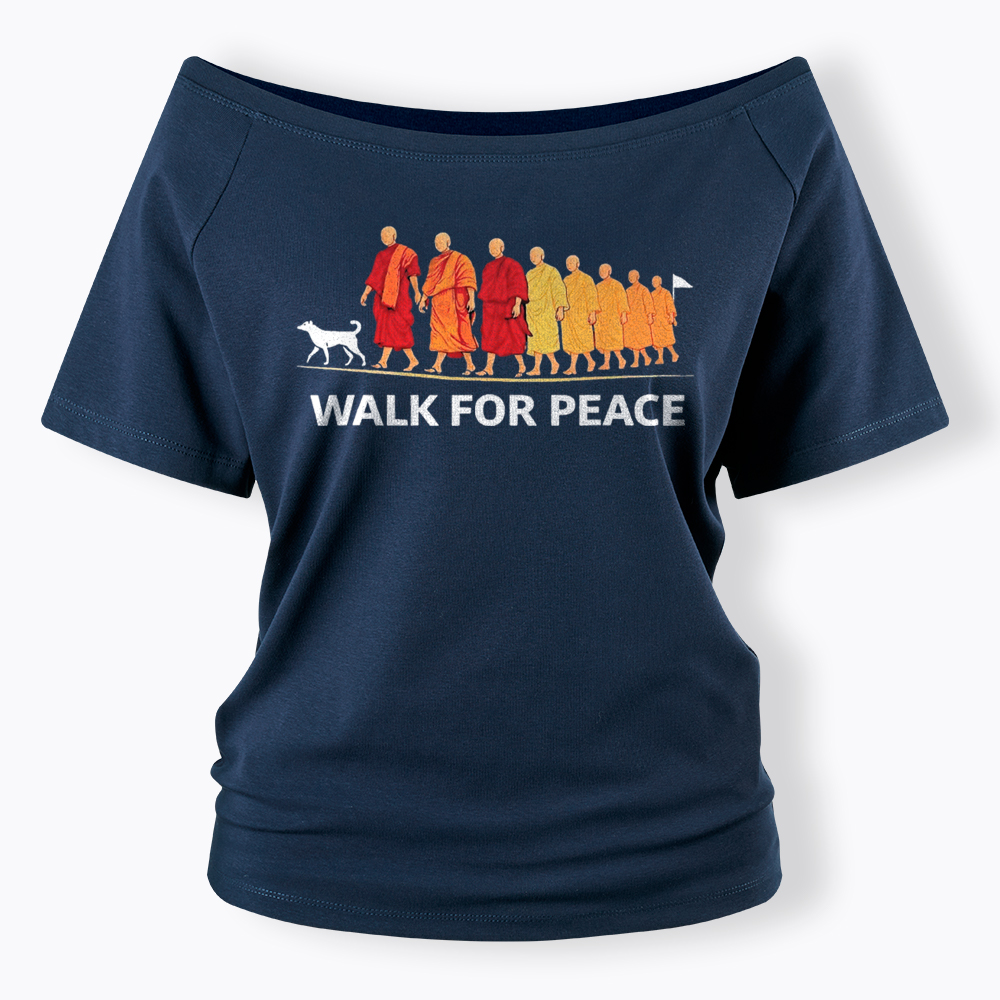 Walk For Peace Monks and Dog Off Shoulder T-Shirt