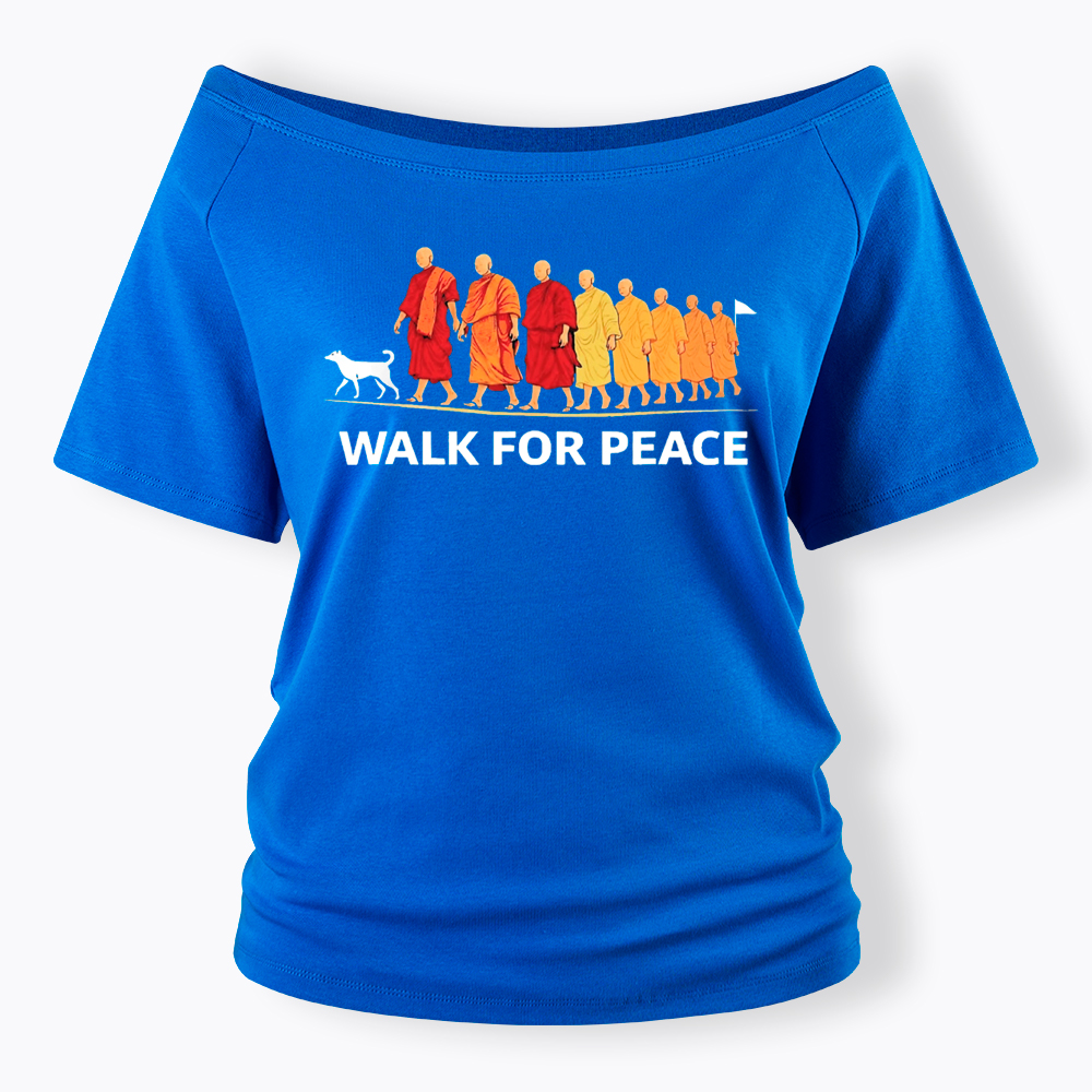 Walk For Peace Monks and Dog Off Shoulder T-Shirt