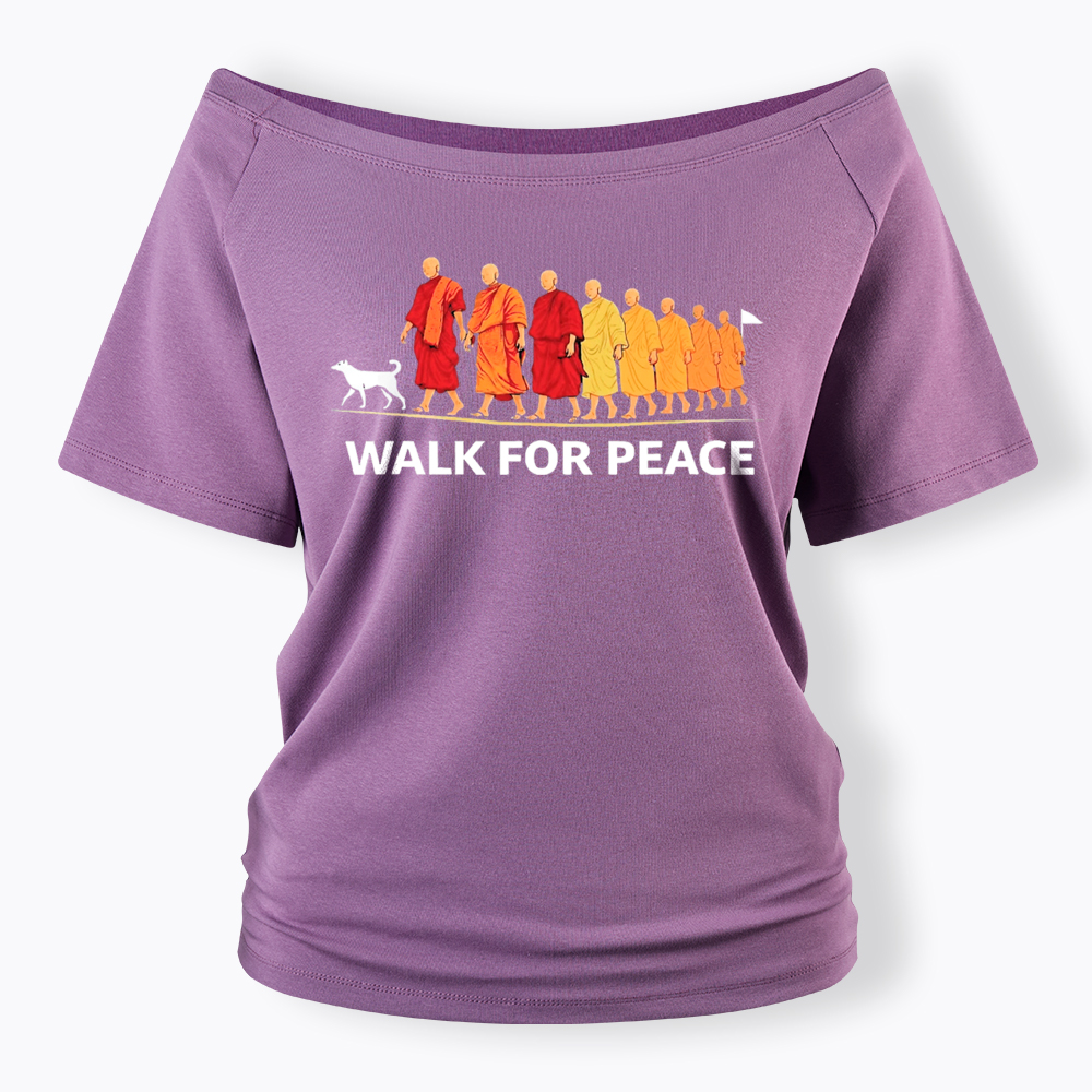 Walk For Peace Monks and Dog Off Shoulder T-Shirt