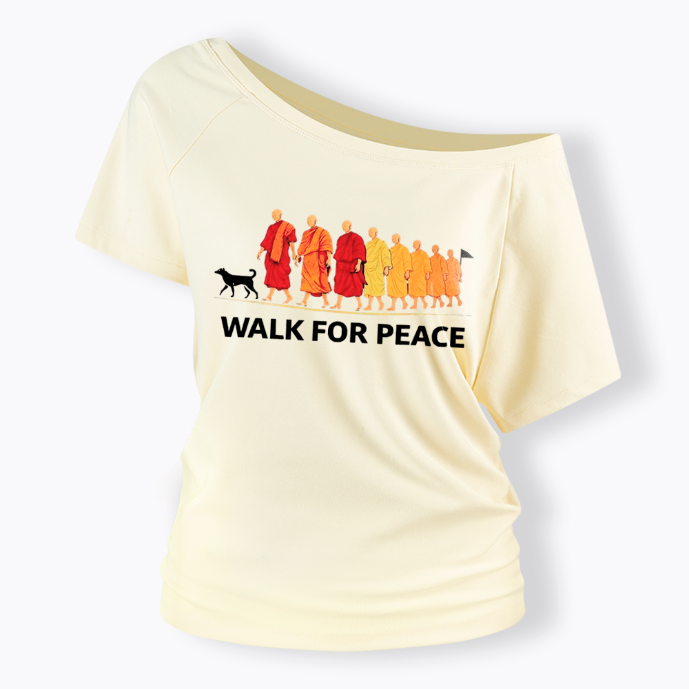 Walk For Peace Monks and Dog Off Shoulder T-Shirt