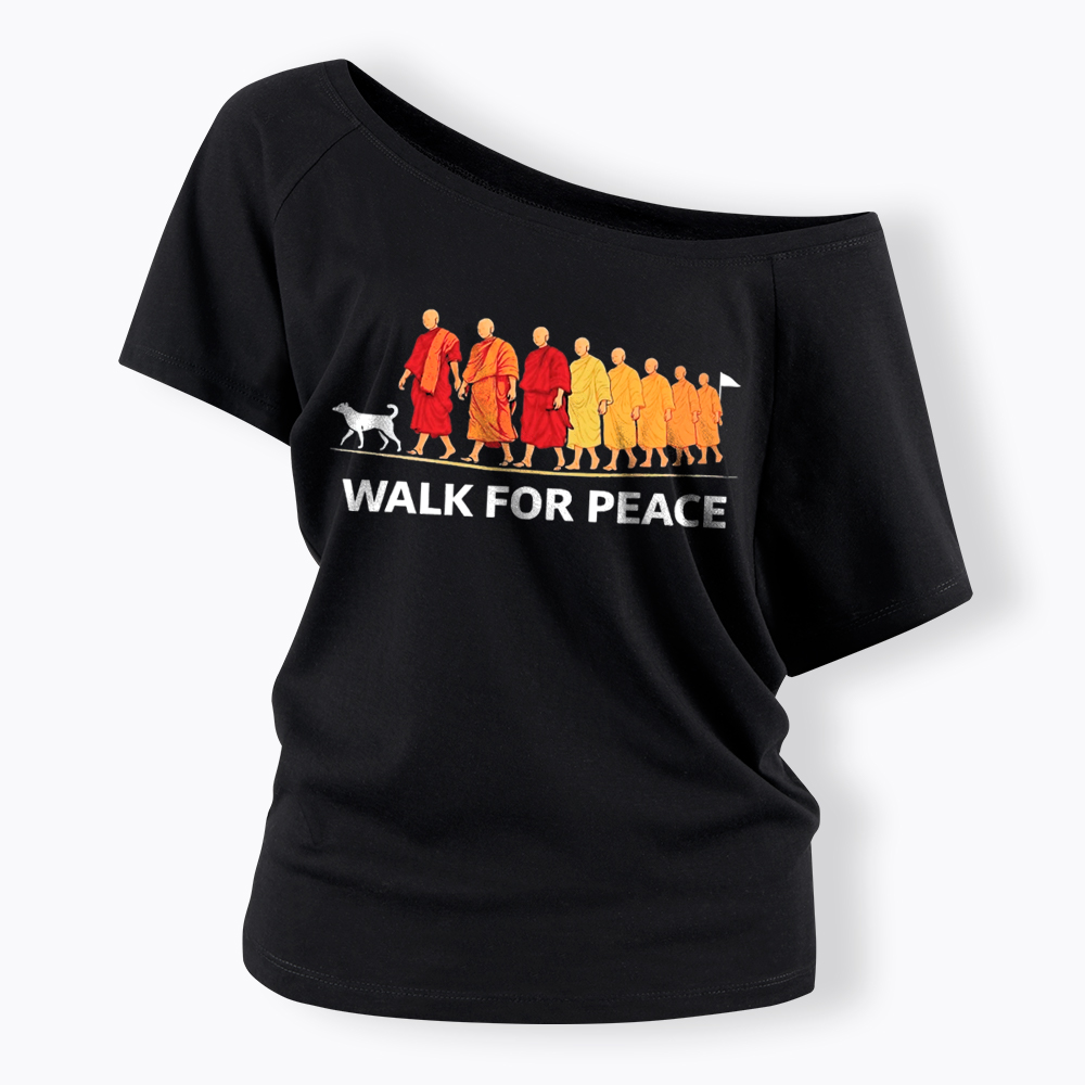 Walk For Peace Monks and Dog Off Shoulder T-Shirt