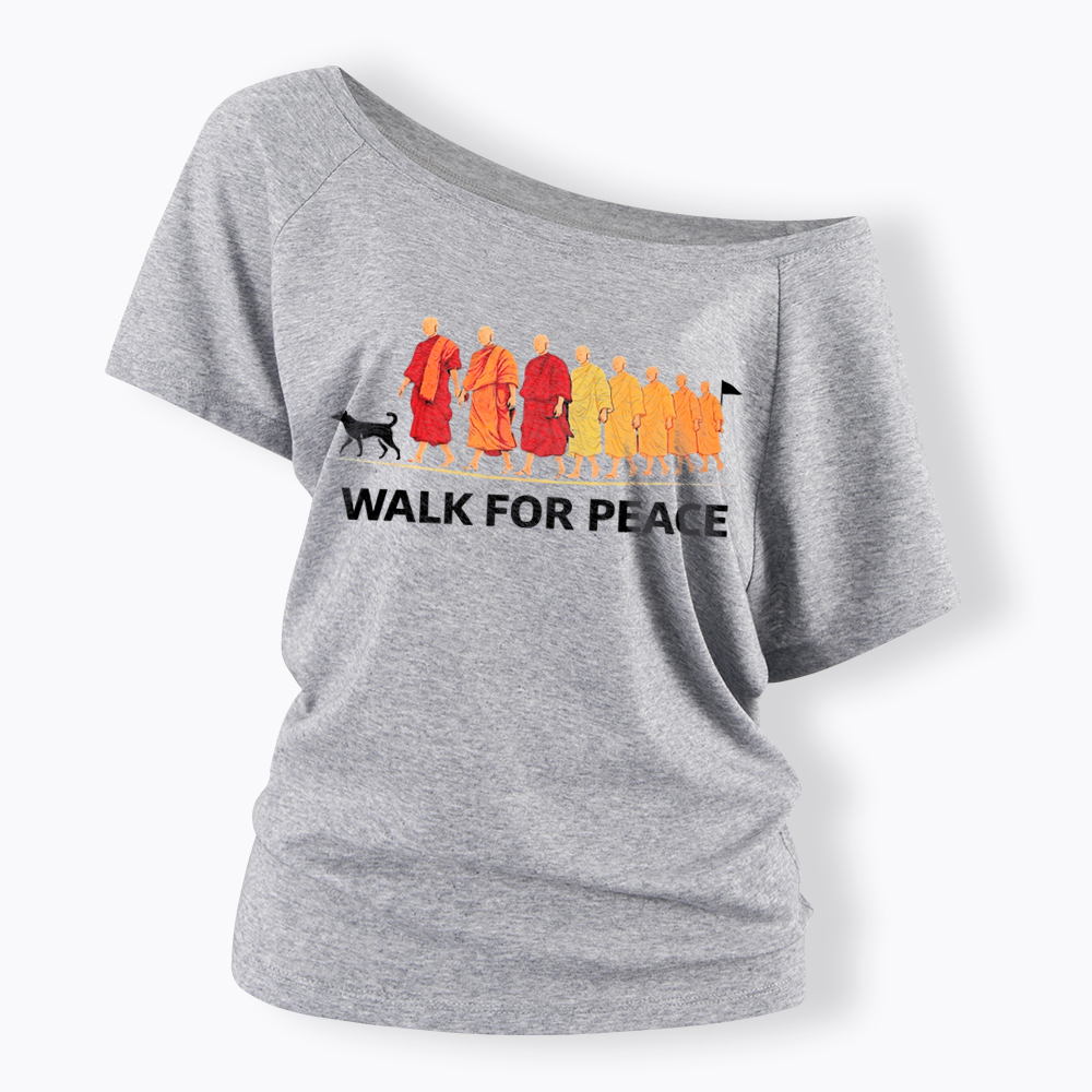 Walk For Peace Monks and Dog Off Shoulder T-Shirt