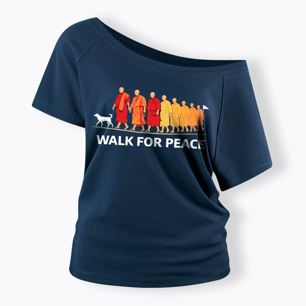 Walk For Peace Monks and Dog Off Shoulder T-Shirt