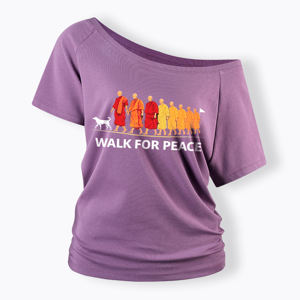 Walk For Peace Monks and Dog Off Shoulder T-Shirt