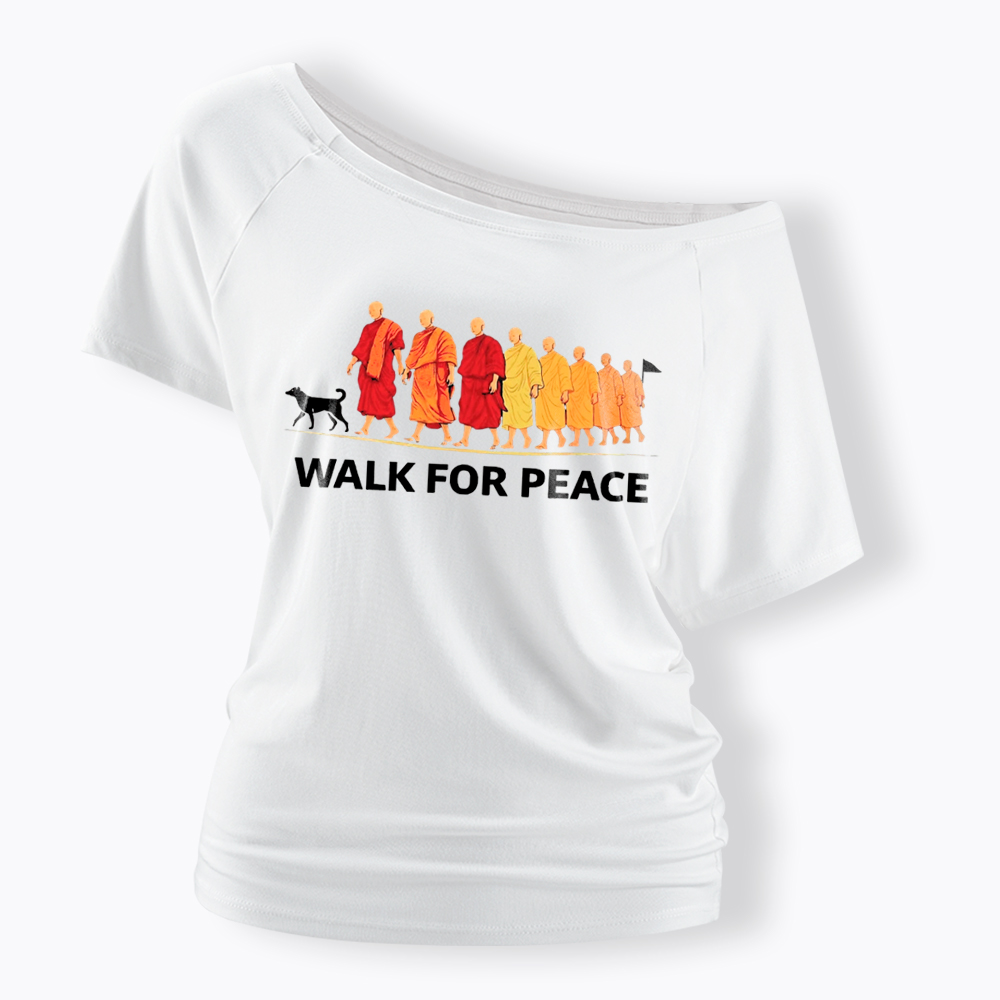 Walk For Peace Monks and Dog Off Shoulder T-Shirt