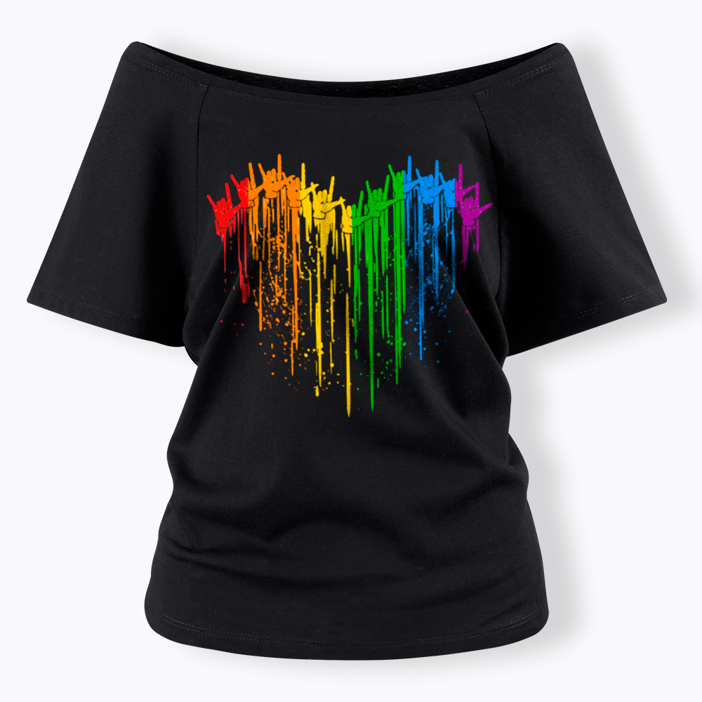 I Love You Hand Sign Rainbow Heart Off Shoulder T-Shirt