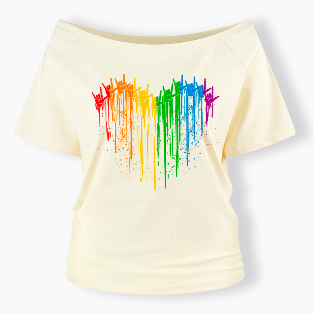 I Love You Hand Sign Rainbow Heart Off Shoulder T-Shirt