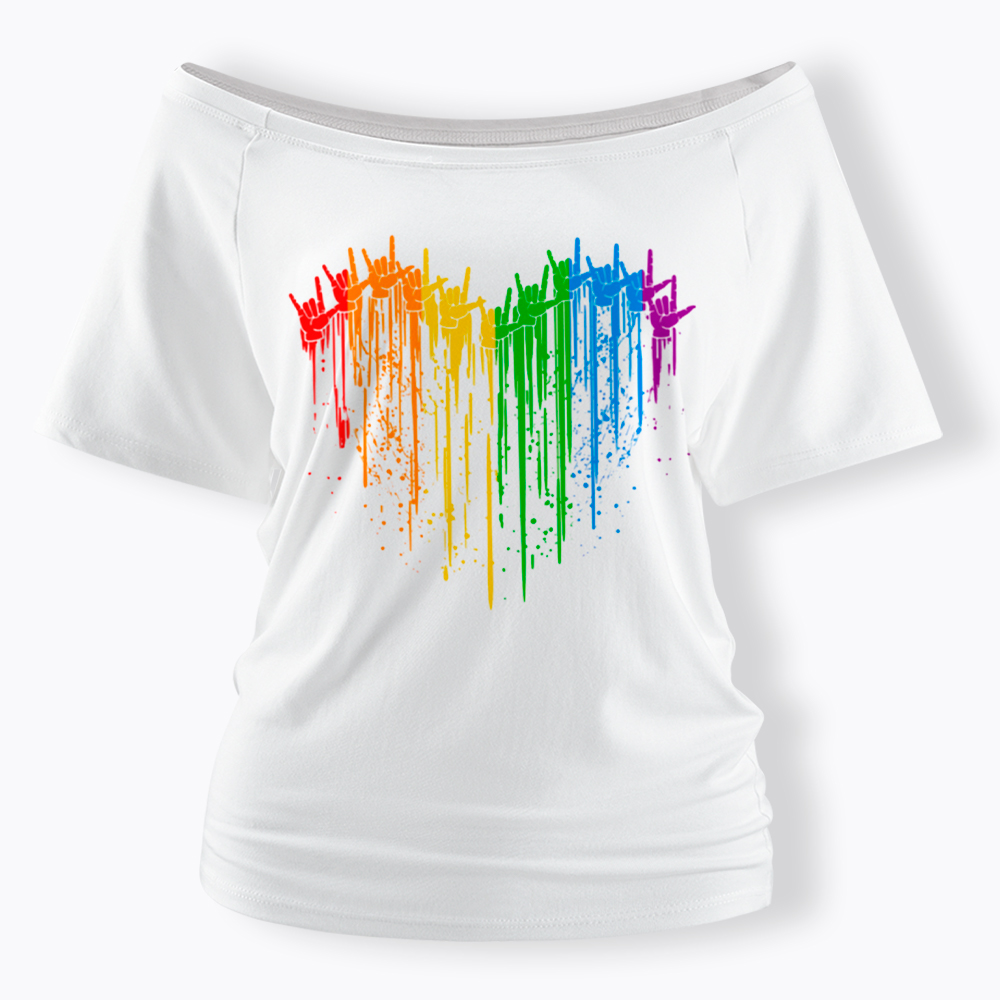 I Love You Hand Sign Rainbow Heart Off Shoulder T-Shirt