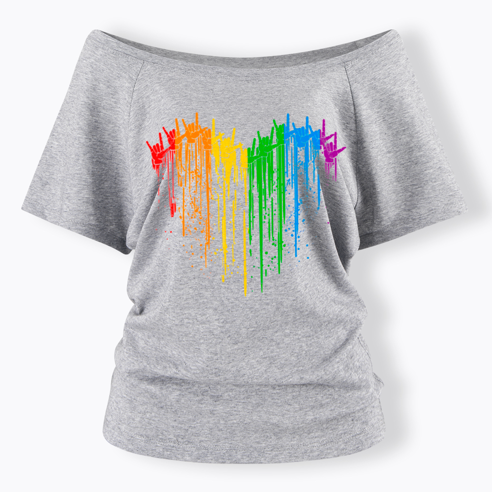 I Love You Hand Sign Rainbow Heart Off Shoulder T-Shirt
