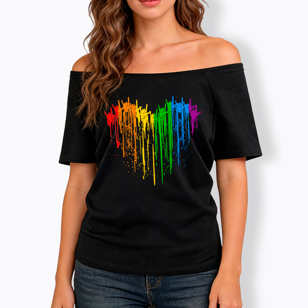 I Love You Hand Sign Rainbow Heart Off Shoulder T-Shirt
