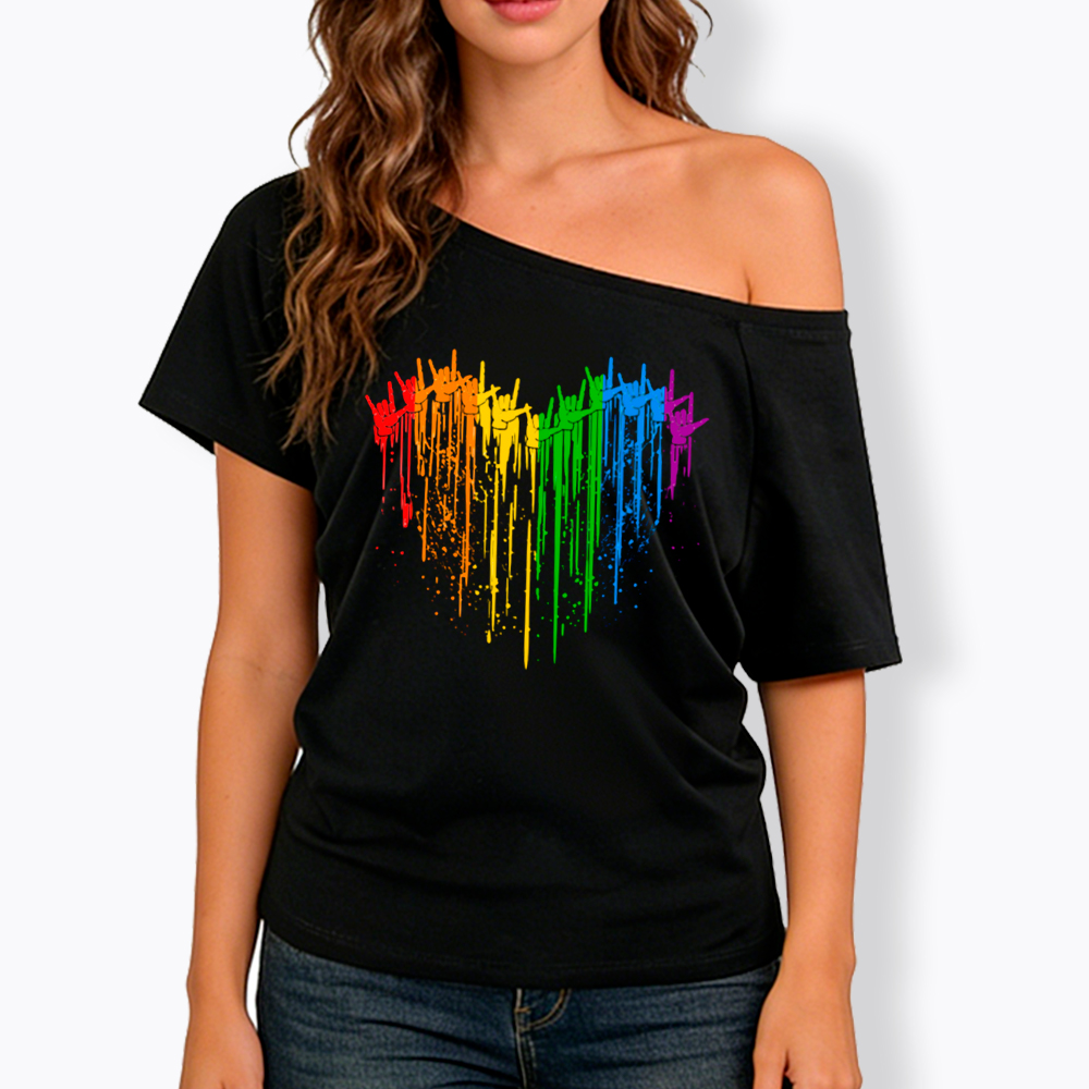 I Love You Hand Sign Rainbow Heart Off Shoulder T-Shirt