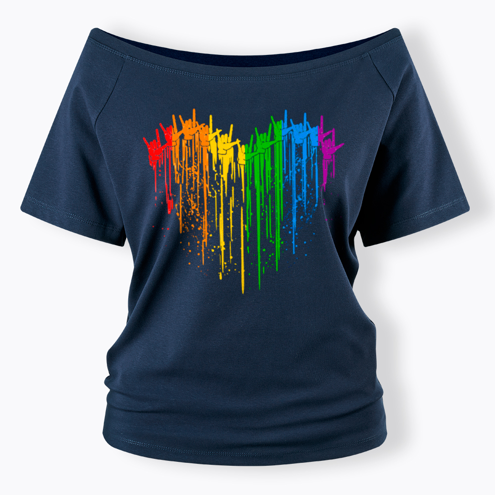 I Love You Hand Sign Rainbow Heart Off Shoulder T-Shirt