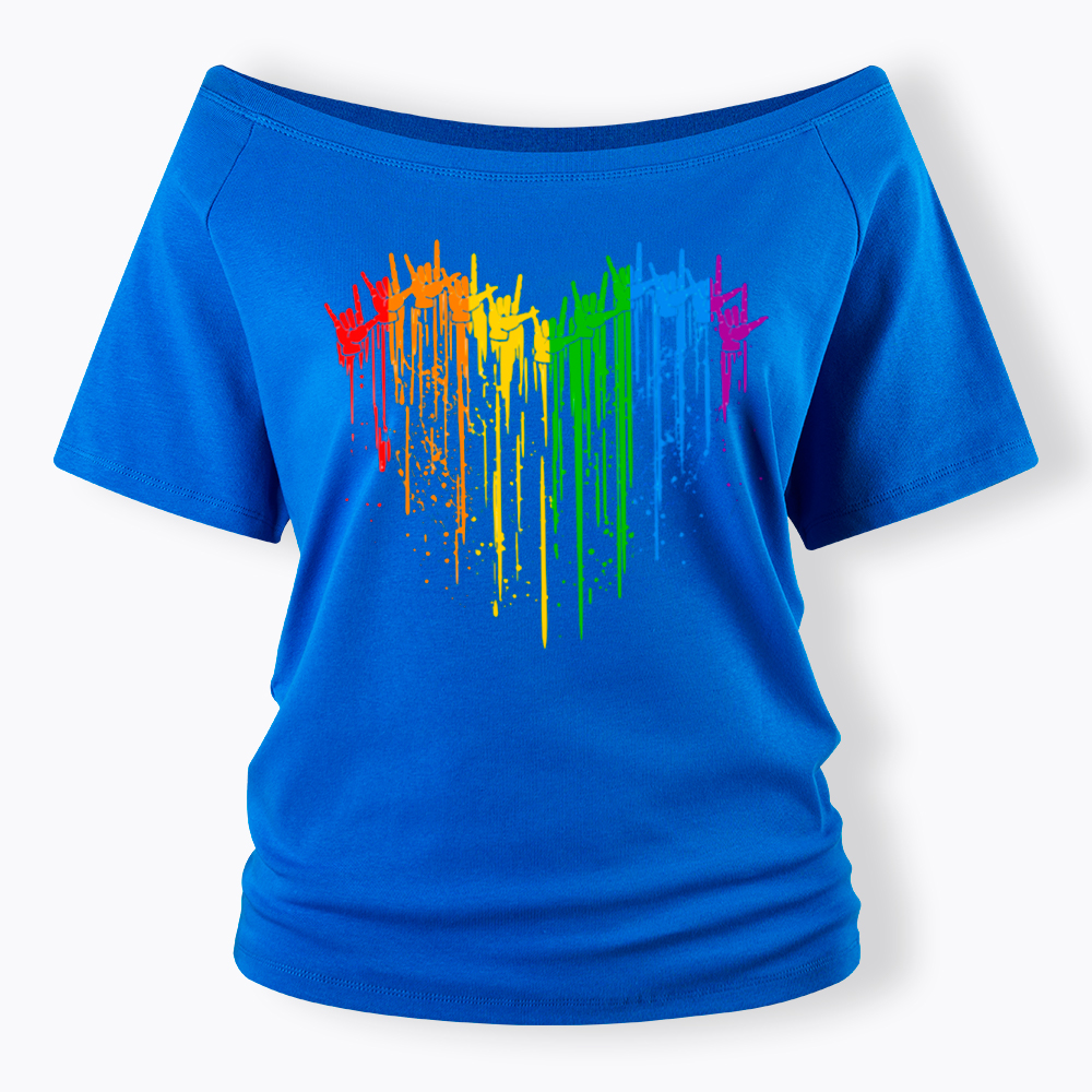 I Love You Hand Sign Rainbow Heart Off Shoulder T-Shirt