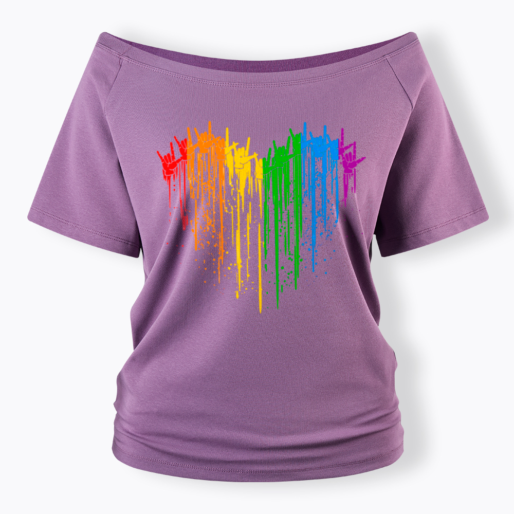 I Love You Hand Sign Rainbow Heart Off Shoulder T-Shirt