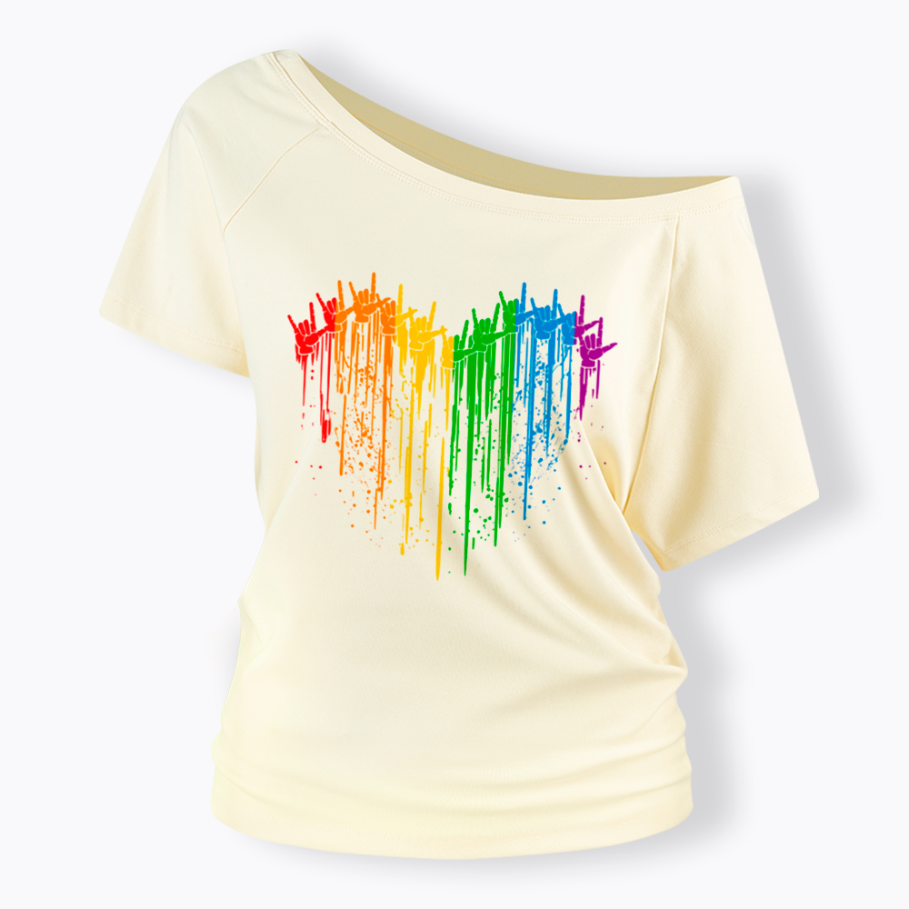 I Love You Hand Sign Rainbow Heart Off Shoulder T-Shirt