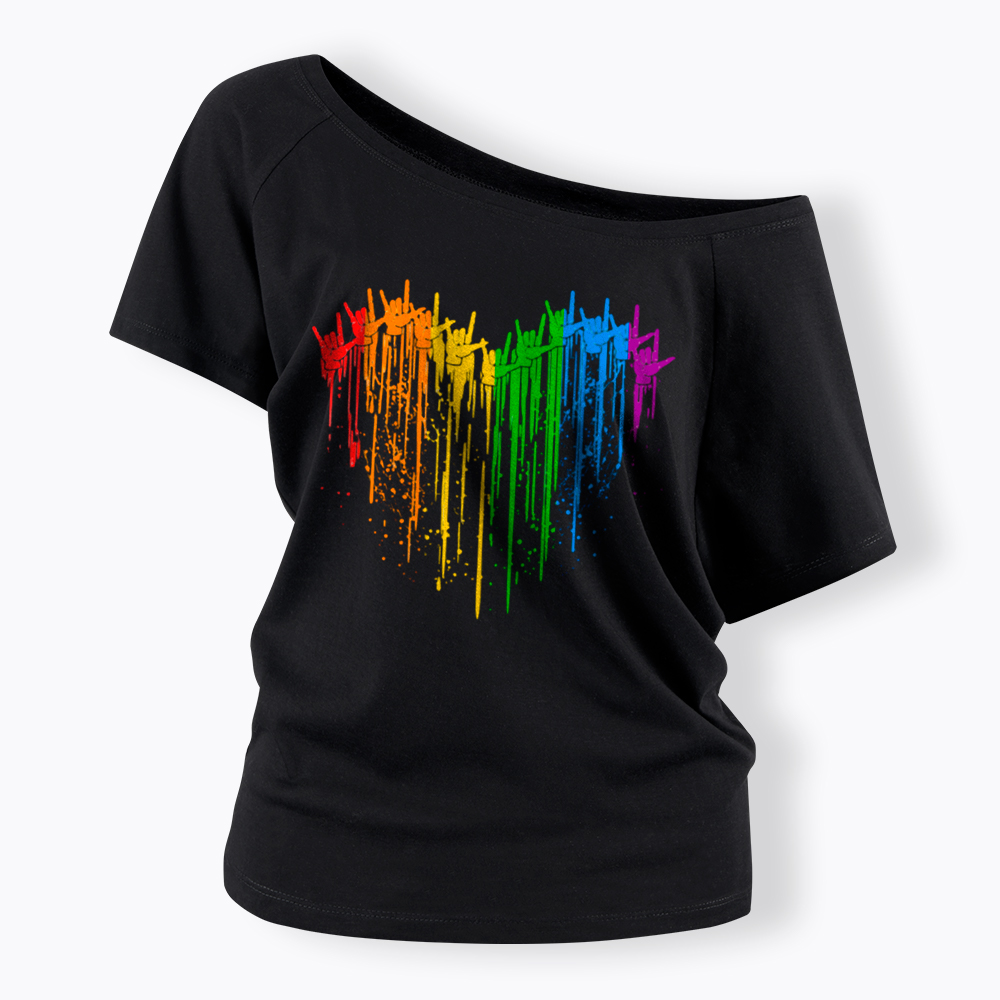 I Love You Hand Sign Rainbow Heart Off Shoulder T-Shirt