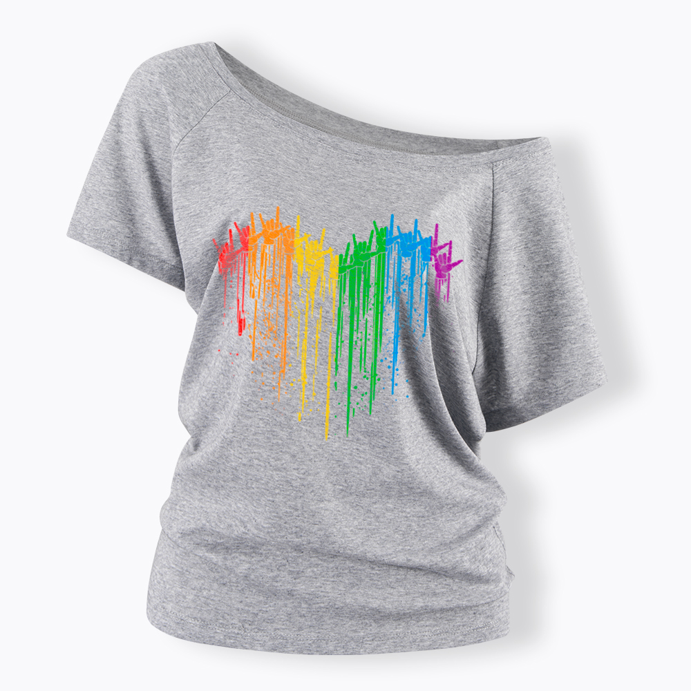 I Love You Hand Sign Rainbow Heart Off Shoulder T-Shirt