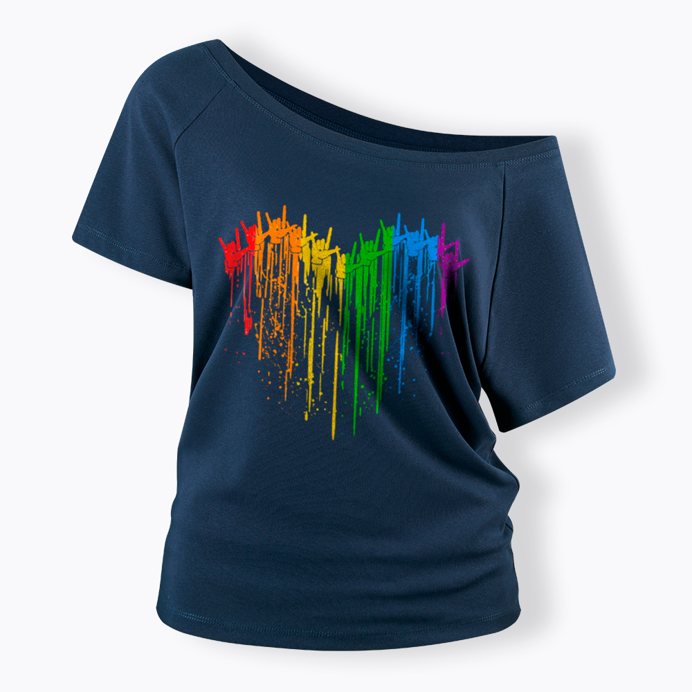 I Love You Hand Sign Rainbow Heart Off Shoulder T-Shirt