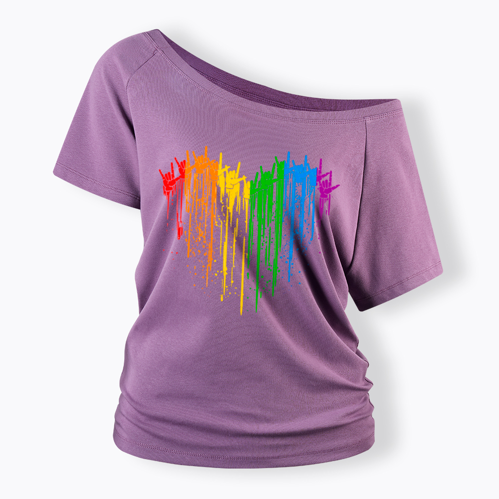 I Love You Hand Sign Rainbow Heart Off Shoulder T-Shirt