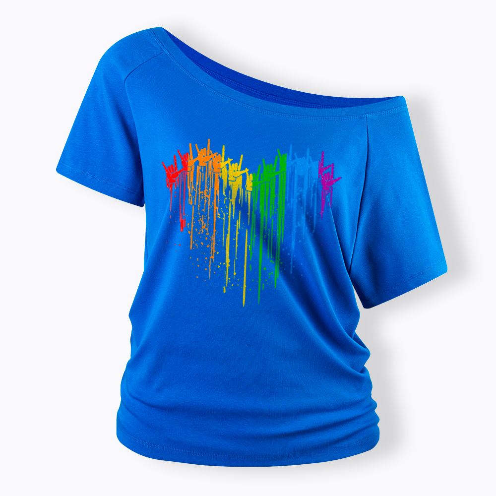I Love You Hand Sign Rainbow Heart Off Shoulder T-Shirt