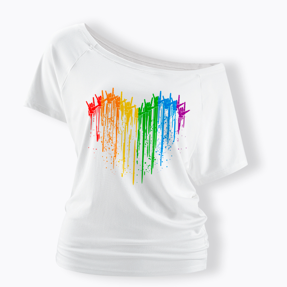 I Love You Hand Sign Rainbow Heart Off Shoulder T-Shirt