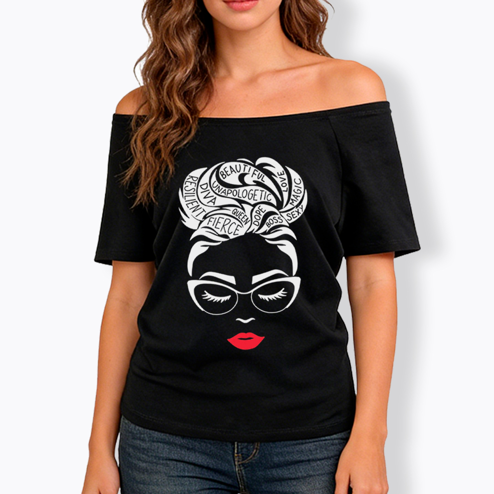 Black Queen Afro Woman Empowerment Off Shoulder T-Shirt