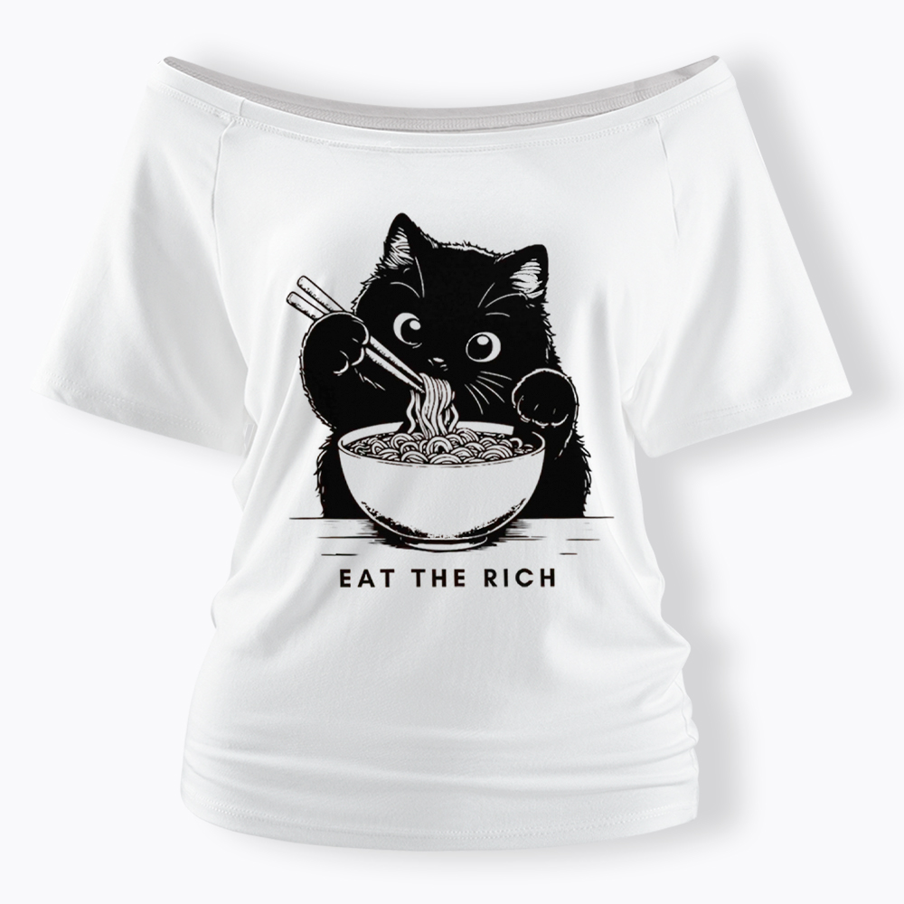Eat The Rich Cute Cat Political Off Shoulder T-Shirt