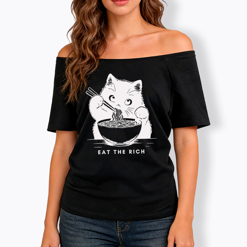 Eat The Rich Cute Cat Political Off Shoulder T-Shirt