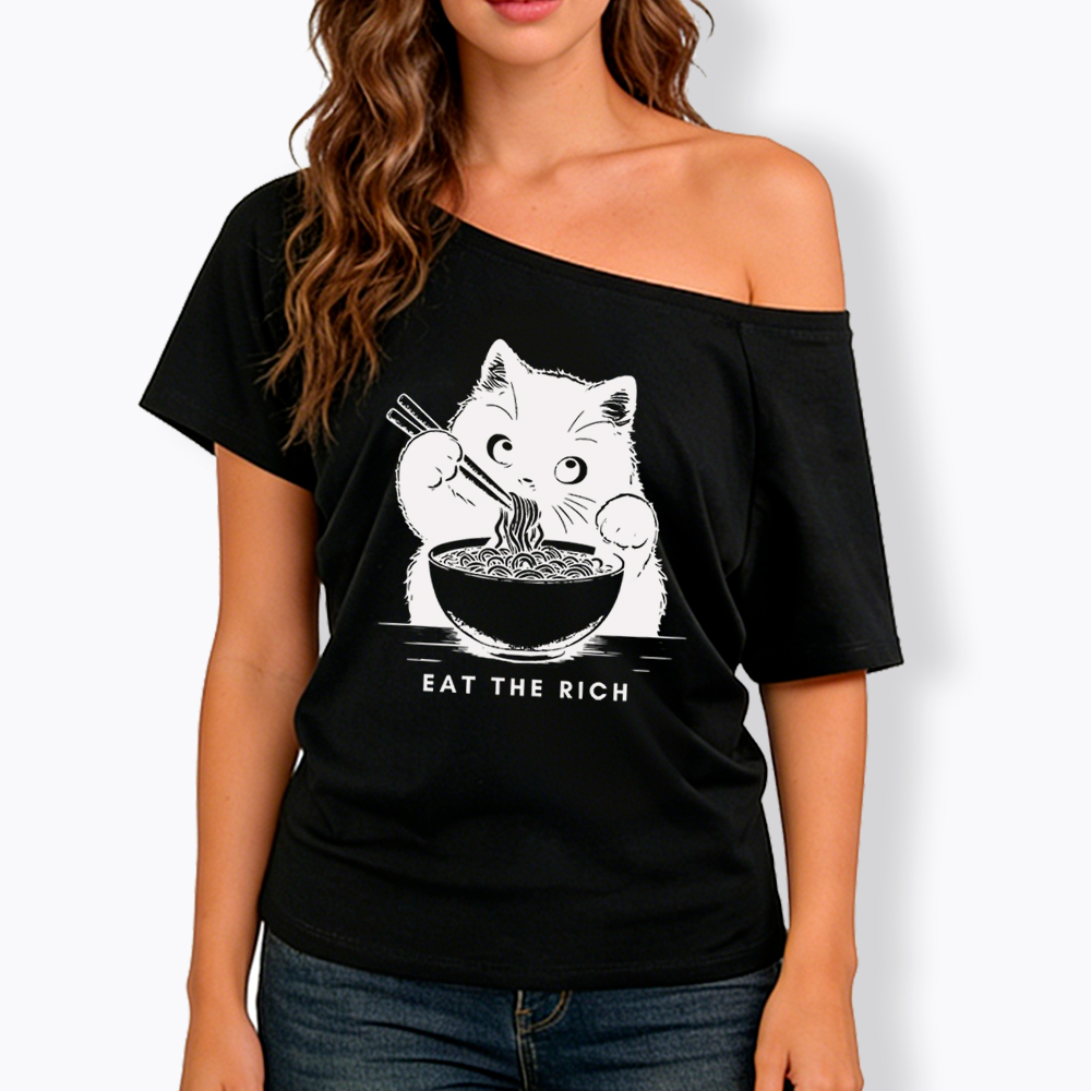 Eat The Rich Cute Cat Political Off Shoulder T-Shirt