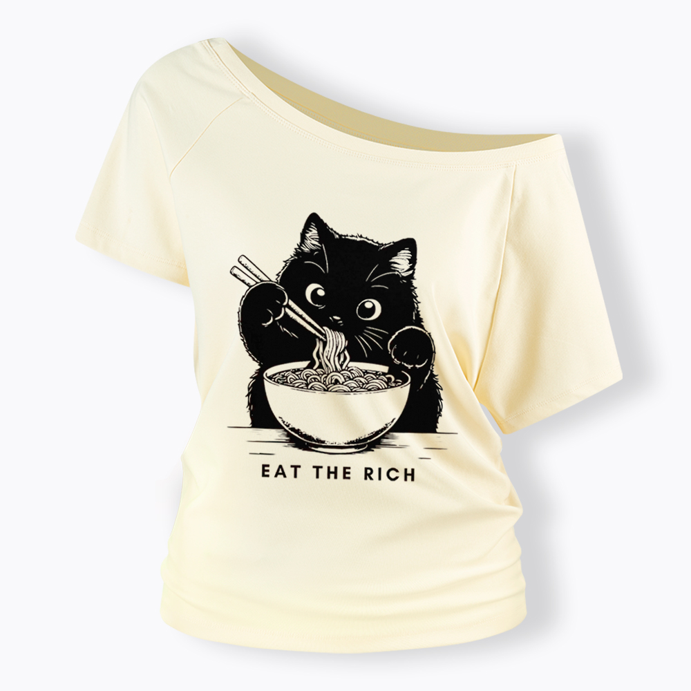 Eat The Rich Cute Cat Political Off Shoulder T-Shirt