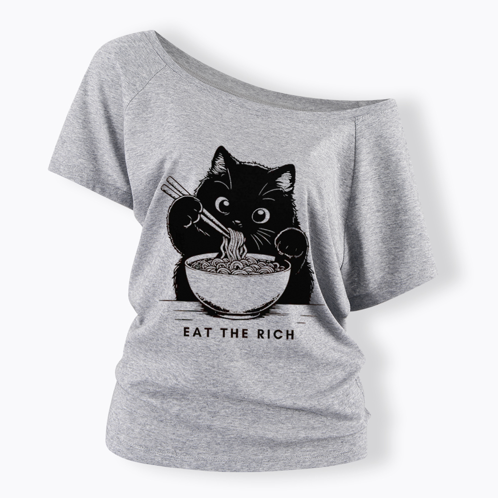 Eat The Rich Cute Cat Political Off Shoulder T-Shirt