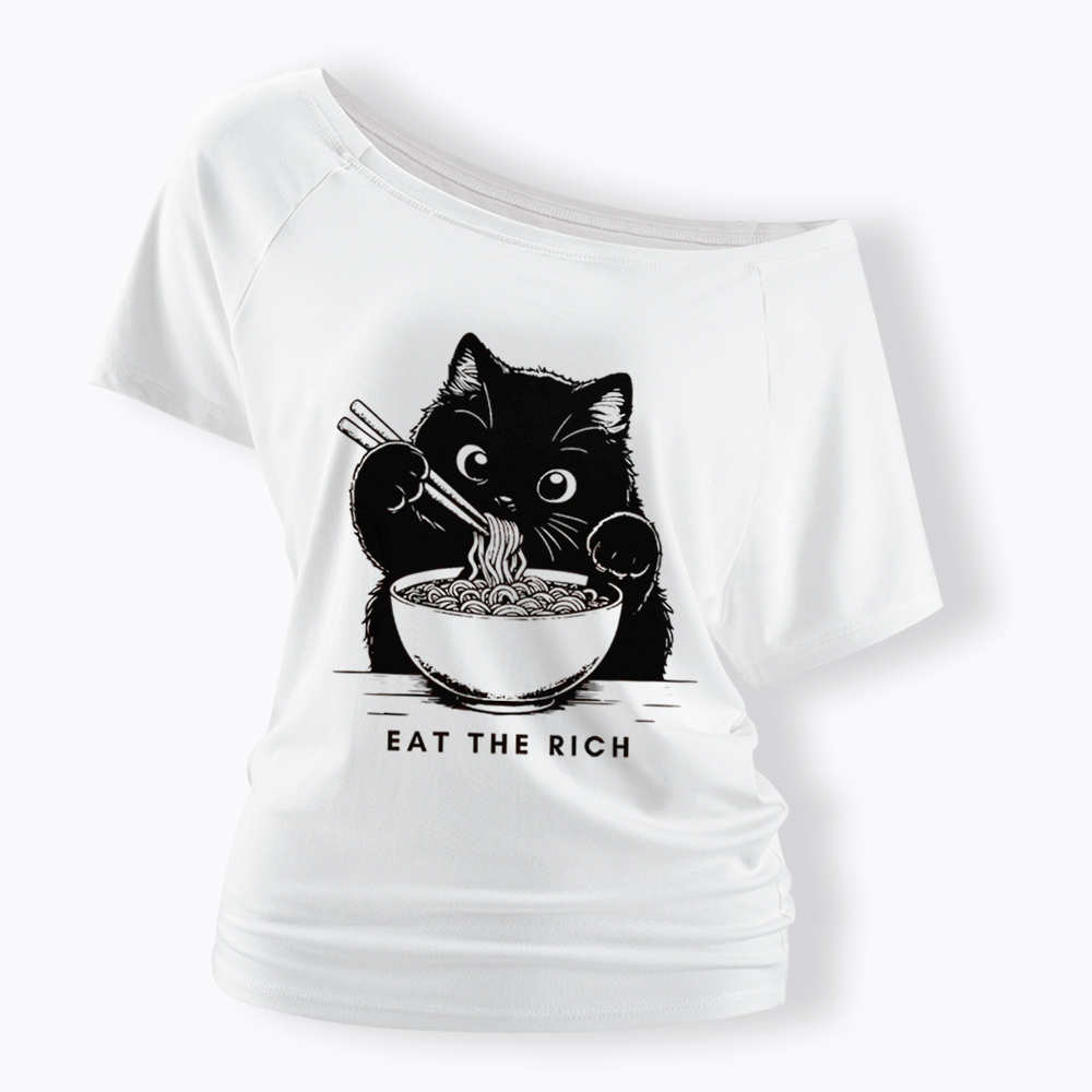 Eat The Rich Cute Cat Political Off Shoulder T-Shirt