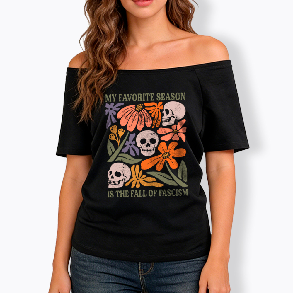 My Favorite Season Floral Skull Off Shoulder T-Shirt