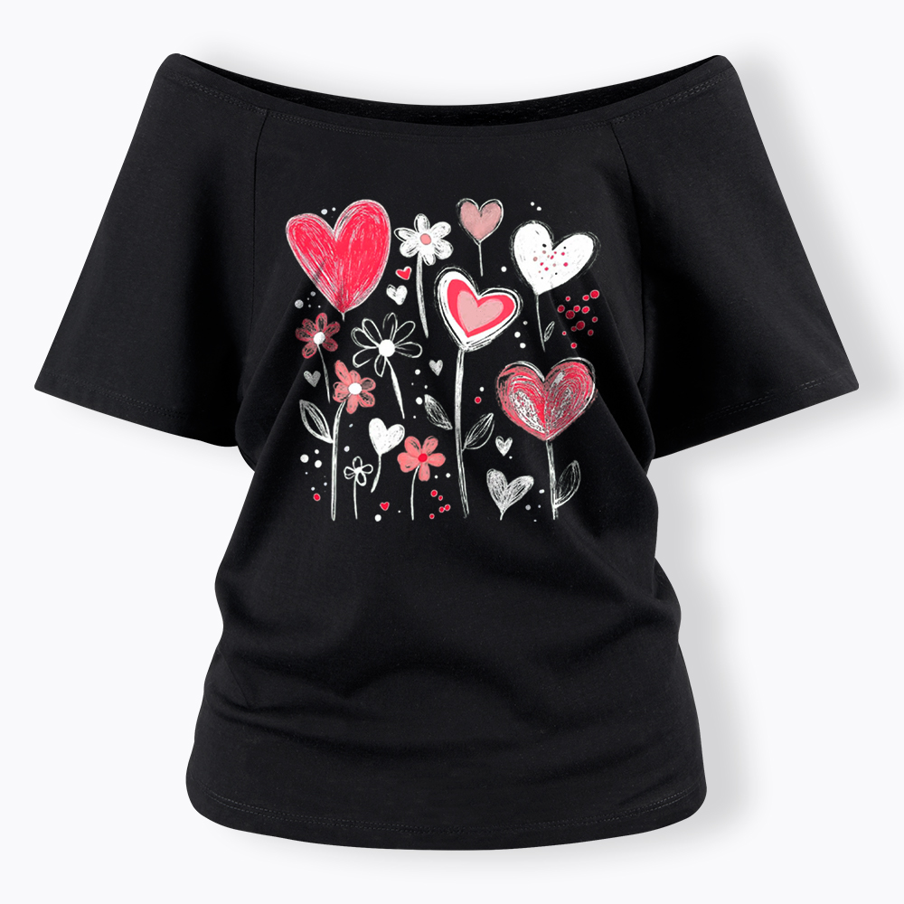 Colorful Heart Flower Off Shoulder T-Shirt