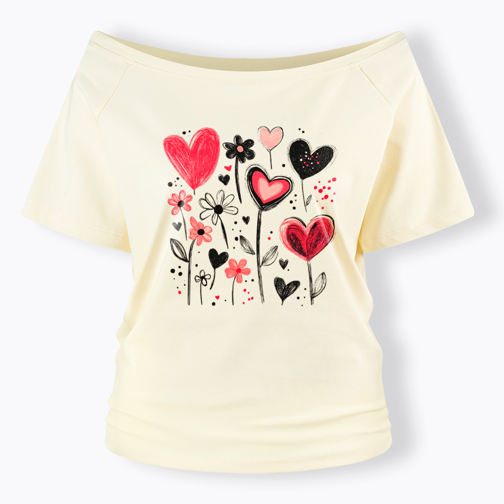Colorful Heart Flower Off Shoulder T-Shirt